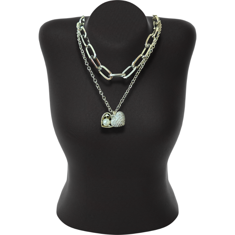 💖 Elegant Dual Heart Chain Necklace with Pearl & Diamond Sparkle ✨