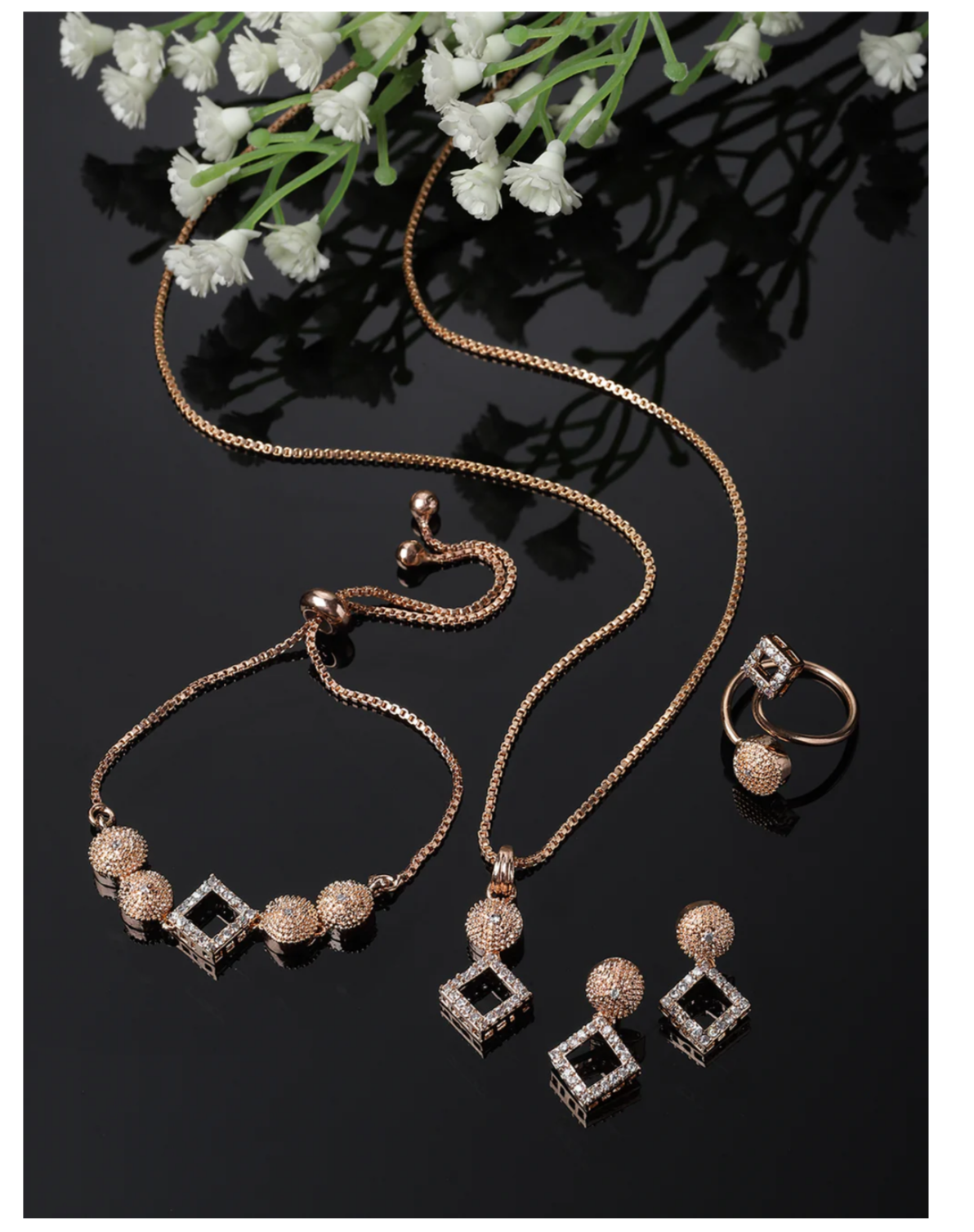 Rose Gold-Plated White American Diamond studded Square Shaped Jewellery Set