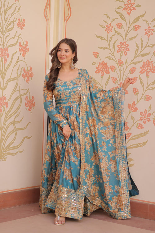 ✨ Premium Russian Silk Designer Gown with Embroidered Dupatta ✨
