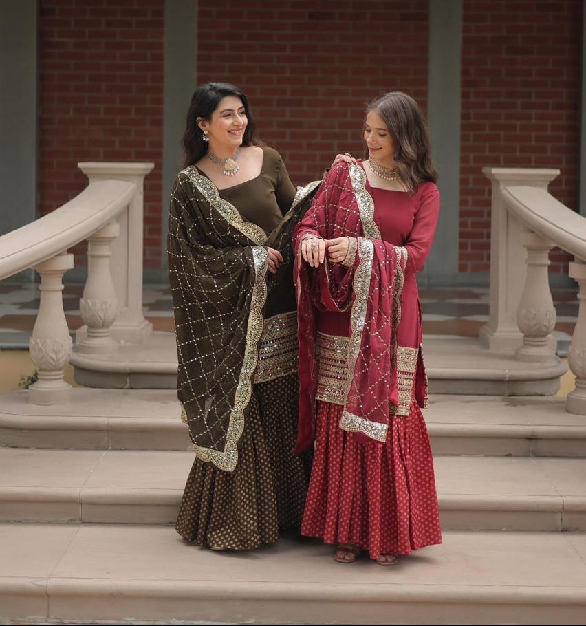 💃 Exclusive Faux Georgette Sharara Suit with Heavy Sequins & Designer Cutwork Dupatta