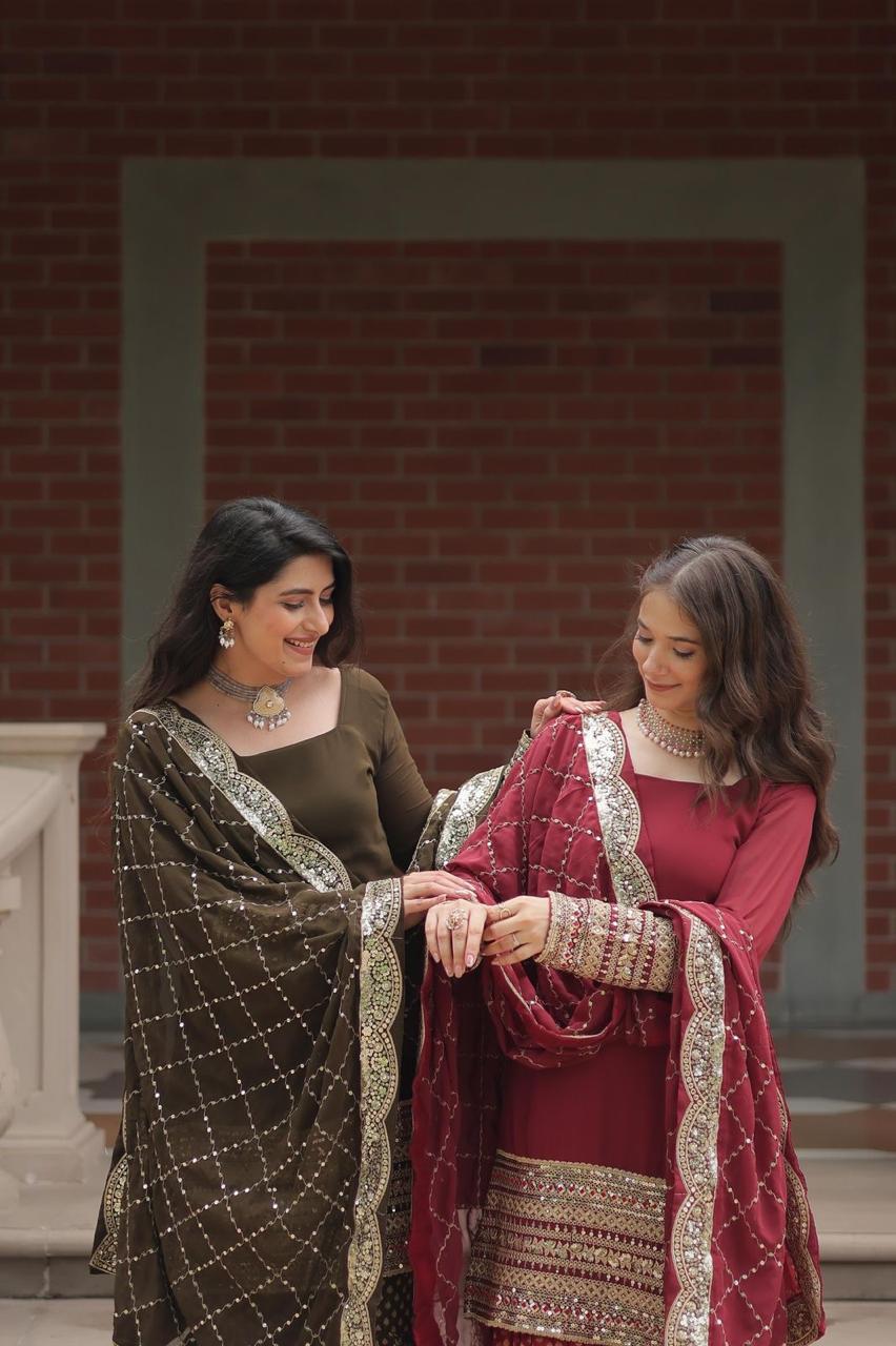 💃 Exclusive Faux Georgette Sharara Suit with Heavy Sequins & Designer Cutwork Dupatta