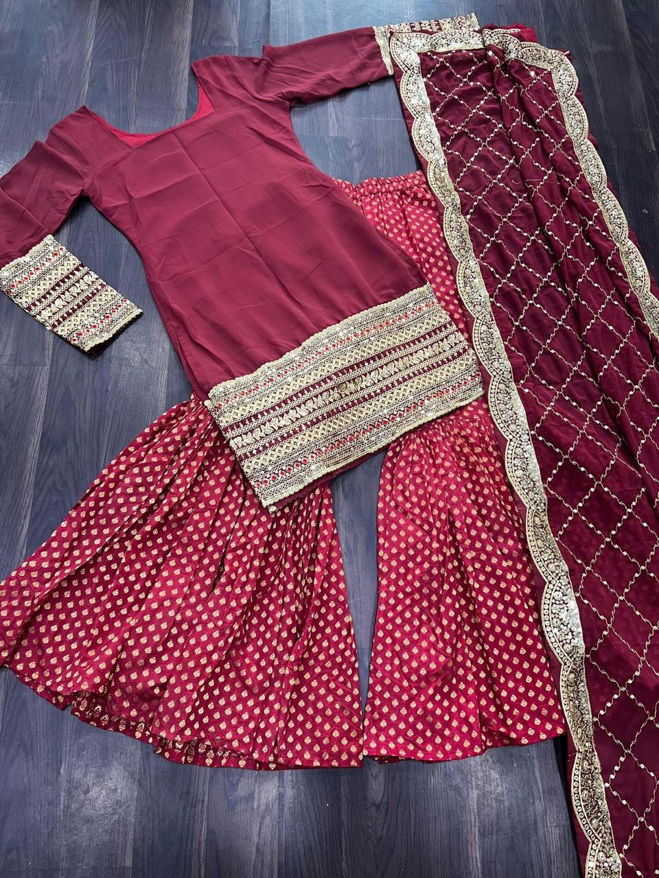 💃 Exclusive Faux Georgette Sharara Suit with Heavy Sequins & Designer Cutwork Dupatta
