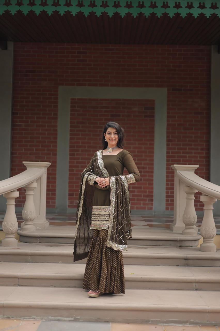 💃 Exclusive Faux Georgette Sharara Suit with Heavy Sequins & Designer Cutwork Dupatta
