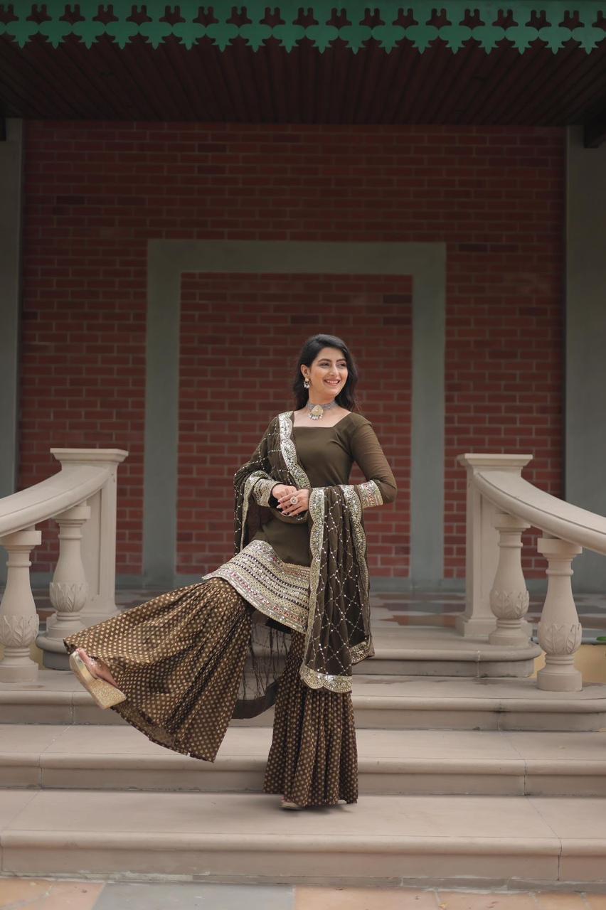 💃 Exclusive Faux Georgette Sharara Suit with Heavy Sequins & Designer Cutwork Dupatta