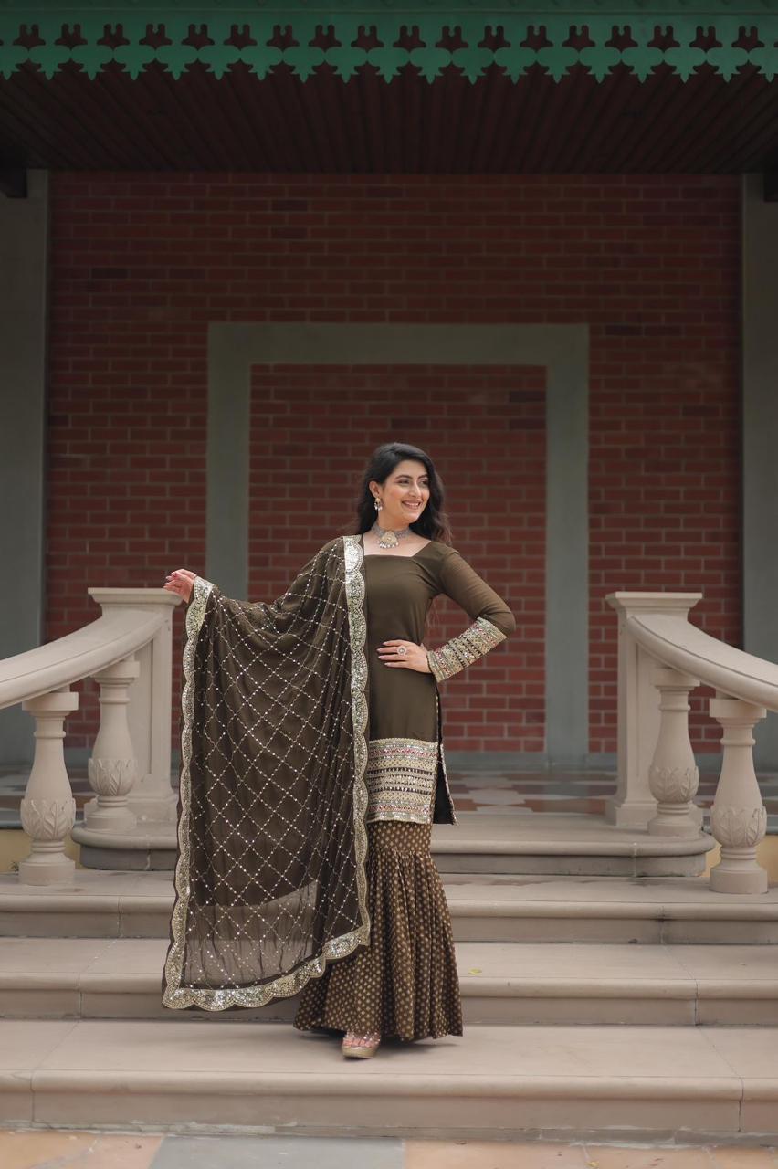 💃 Exclusive Faux Georgette Sharara Suit with Heavy Sequins & Designer Cutwork Dupatta