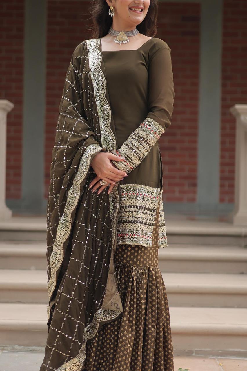 💃 Exclusive Faux Georgette Sharara Suit with Heavy Sequins & Designer Cutwork Dupatta