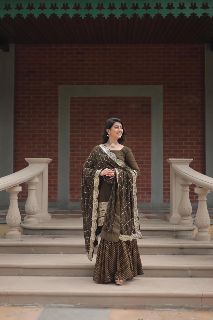 💃 Exclusive Faux Georgette Sharara Suit with Heavy Sequins & Designer Cutwork Dupatta