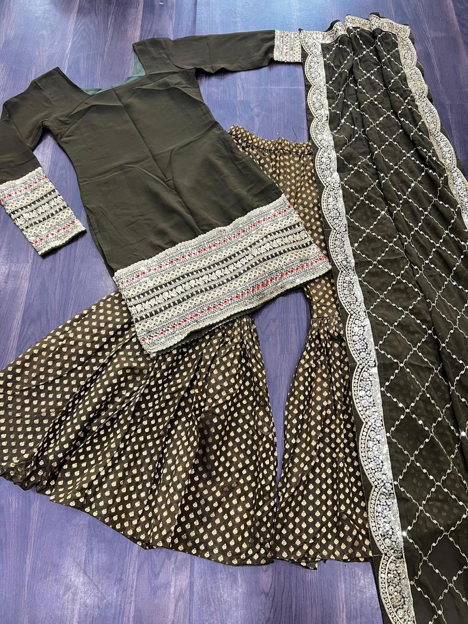 💃 Exclusive Faux Georgette Sharara Suit with Heavy Sequins & Designer Cutwork Dupatta