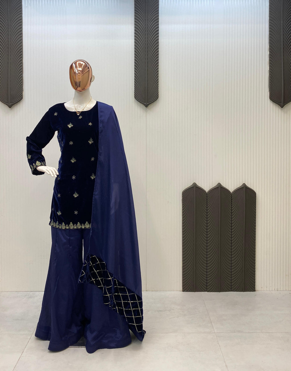 💫 Winter Special Designer Velvet Top–Chinon Plazzo–Dupatta Set 💫