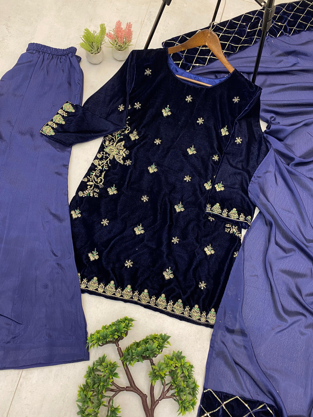 💫 Winter Special Designer Velvet Top–Chinon Plazzo–Dupatta Set 💫