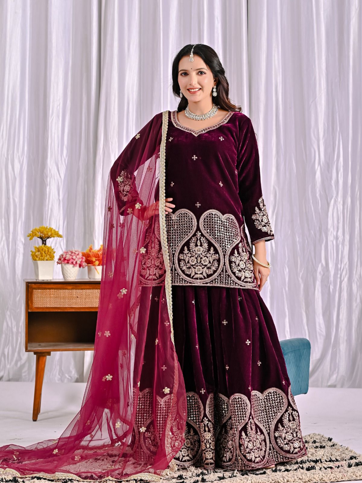 💖 Designer Heavy Velvet Sharara Plazzo Set with Butterfly Net Dupatta 💖