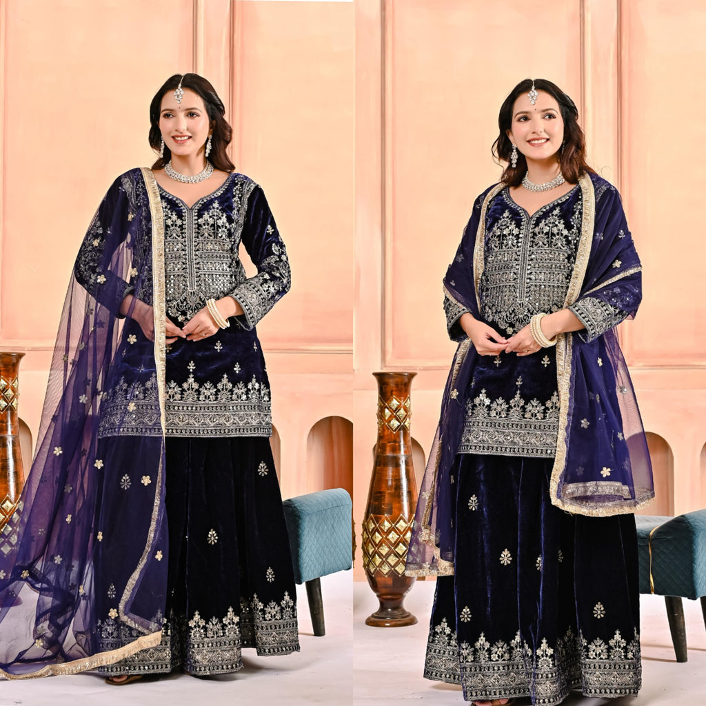 💖 Royal Velvet Sharara Suit with Coding Sequins Work & Premium Detailing 💖