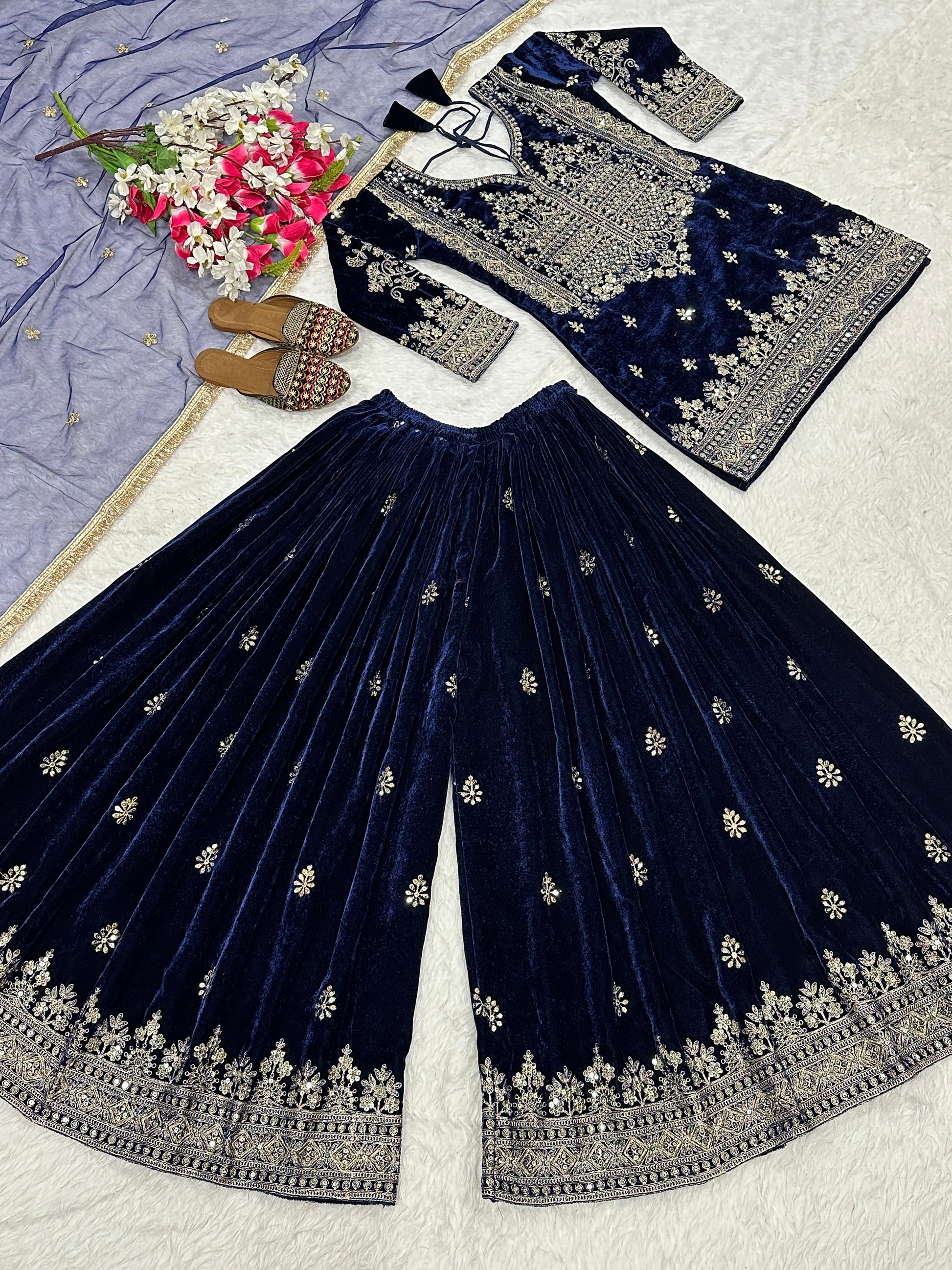 💖 Royal Velvet Sharara Suit with Coding Sequins Work & Premium Detailing 💖