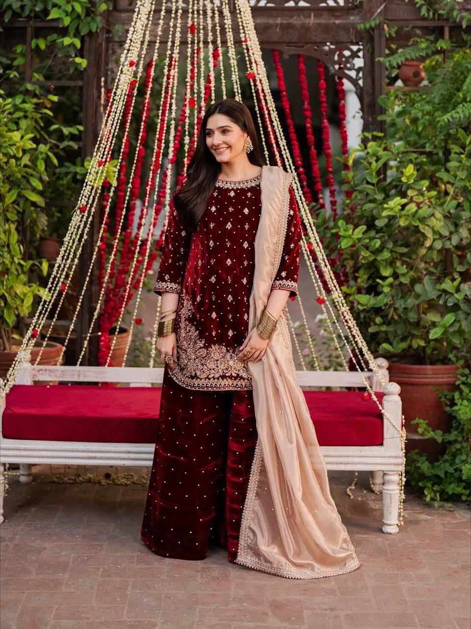 💫 Luxury Partywear Velvet Top–Sharara Set With Organza Dupatta | Fully Stitched 💫