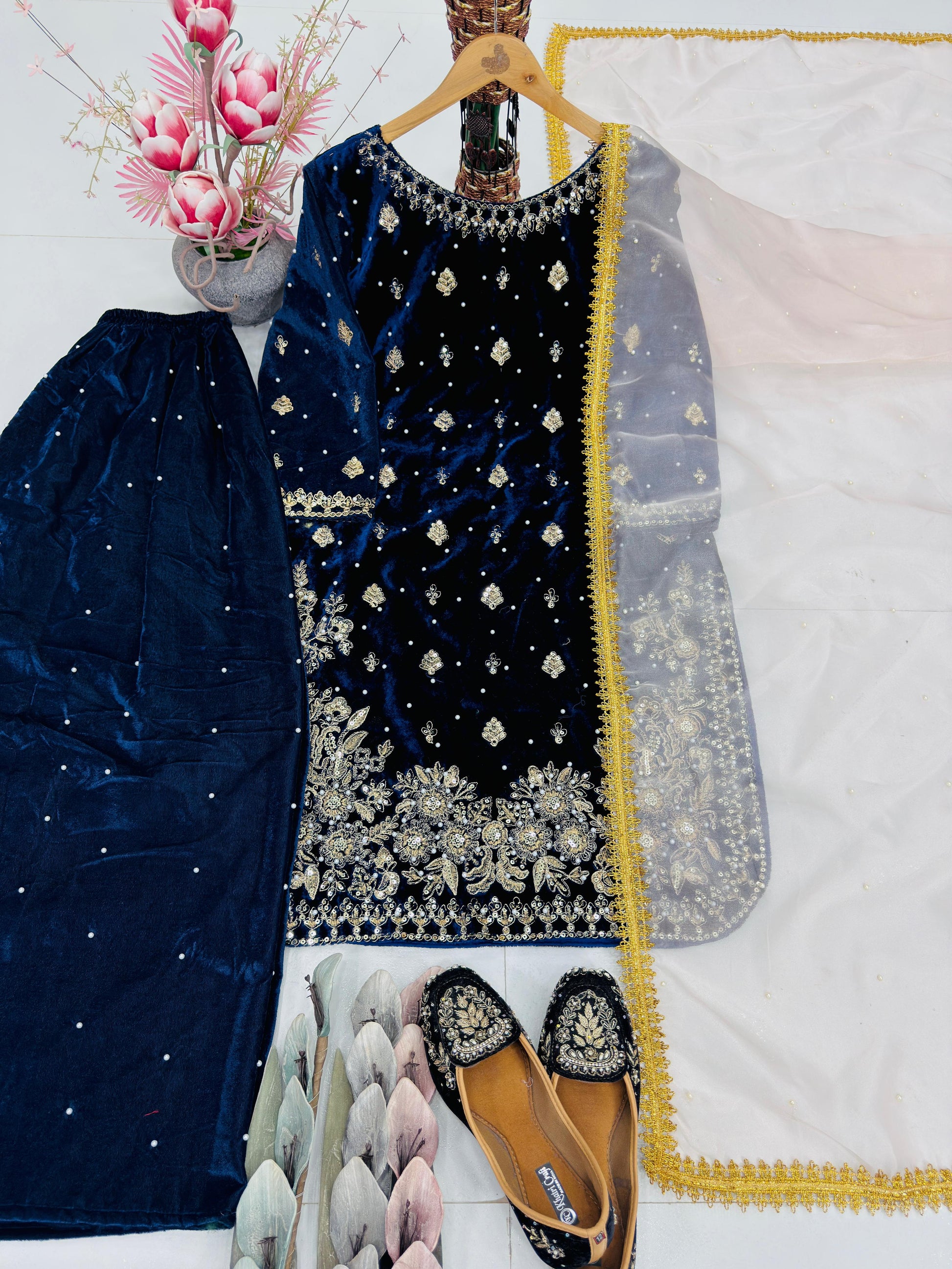 💫 Luxury Partywear Velvet Top–Sharara Set With Organza Dupatta | Fully Stitched 💫