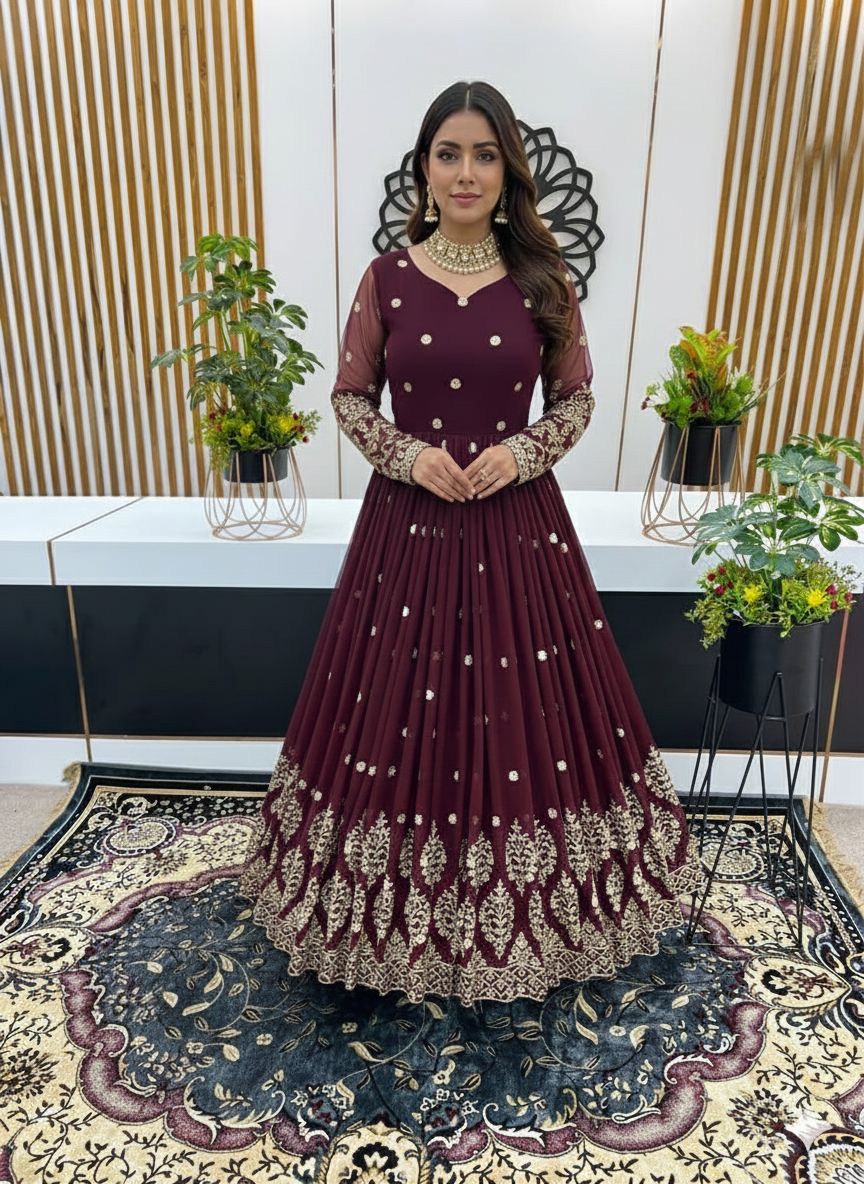 💖 Luxury Faux Georgette Anarkali Gown with Heavy Sequins Work 💖