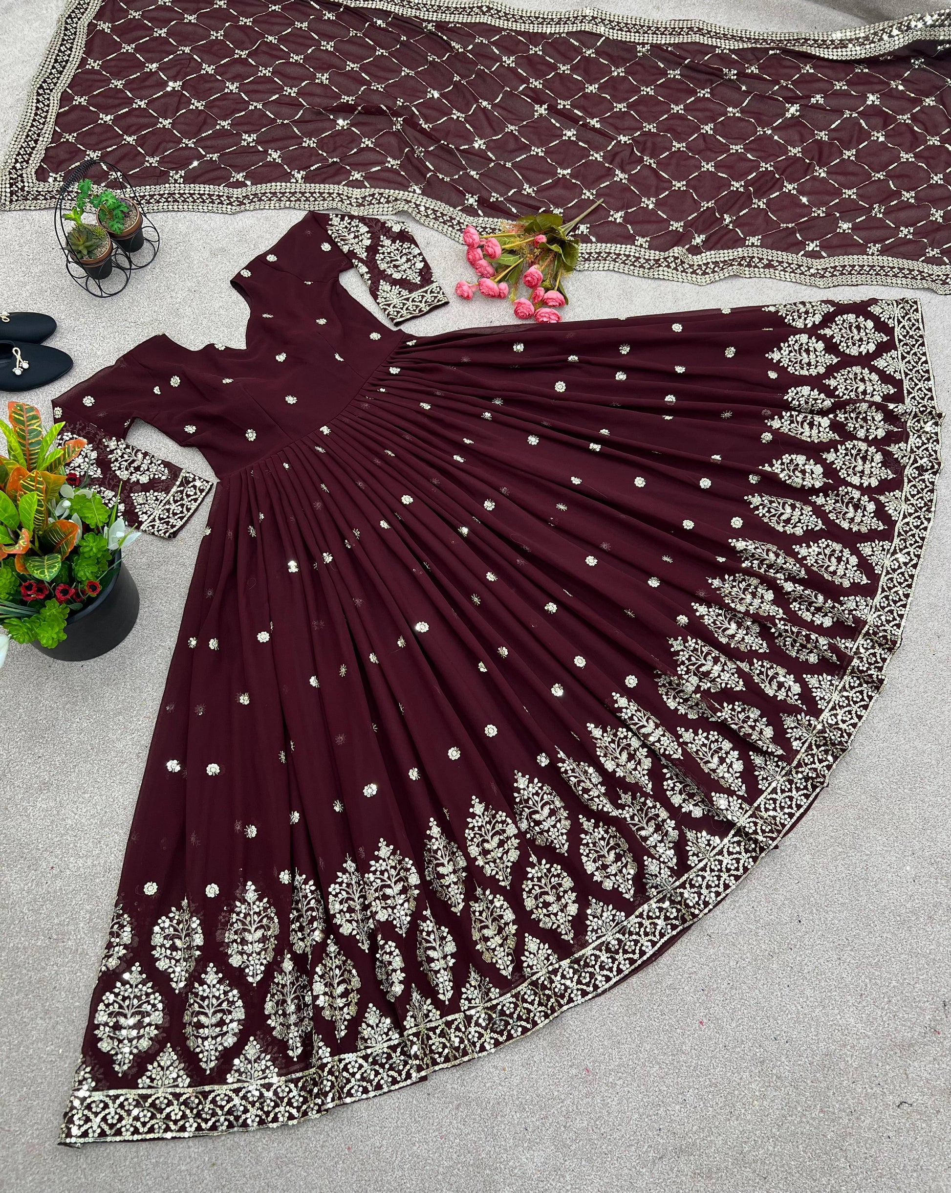 💖 Luxury Faux Georgette Anarkali Gown with Heavy Sequins Work 💖