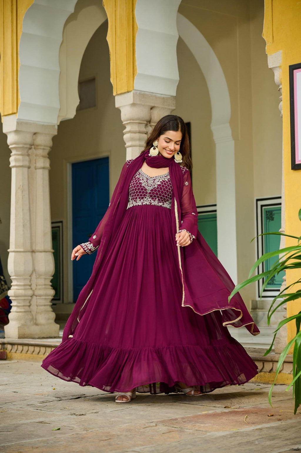 👑 Royal Faux Blooming Beads-Embroidered Gown with Designer Dupatta 👑