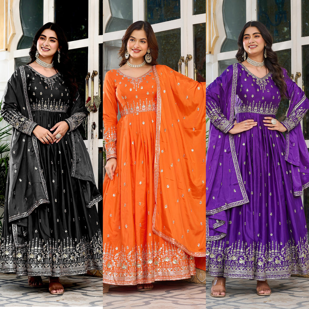 ✨ Premium American Silk Designer Gown–Pant–Dupatta Set with Sequins Work ✨