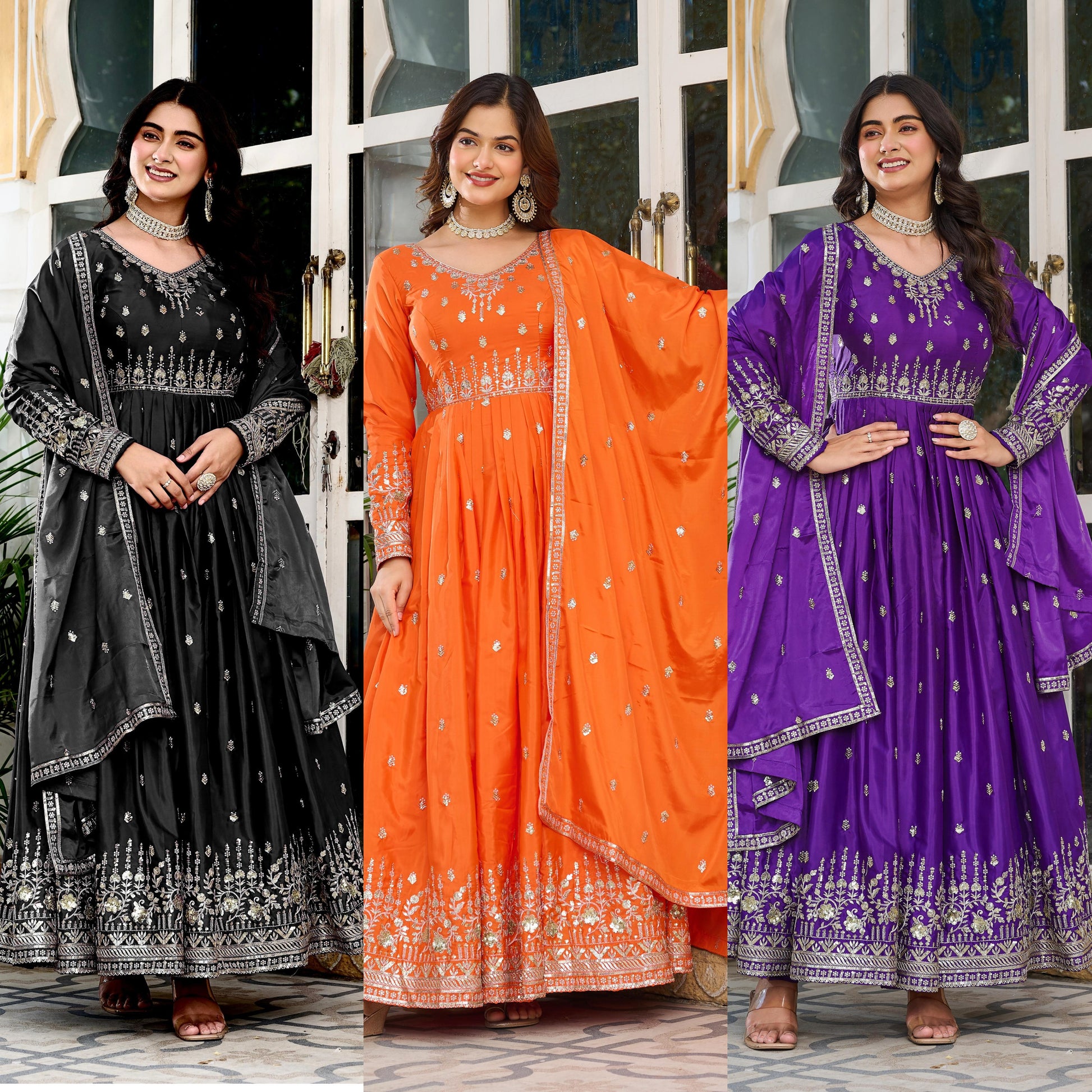 ✨ Premium American Silk Designer Gown–Pant–Dupatta Set with Sequins Work ✨