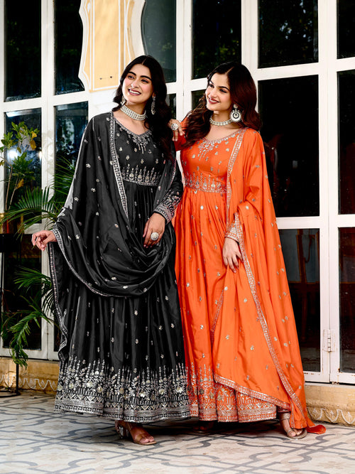 ✨ Premium American Silk Designer Gown–Pant–Dupatta Set with Sequins Work ✨